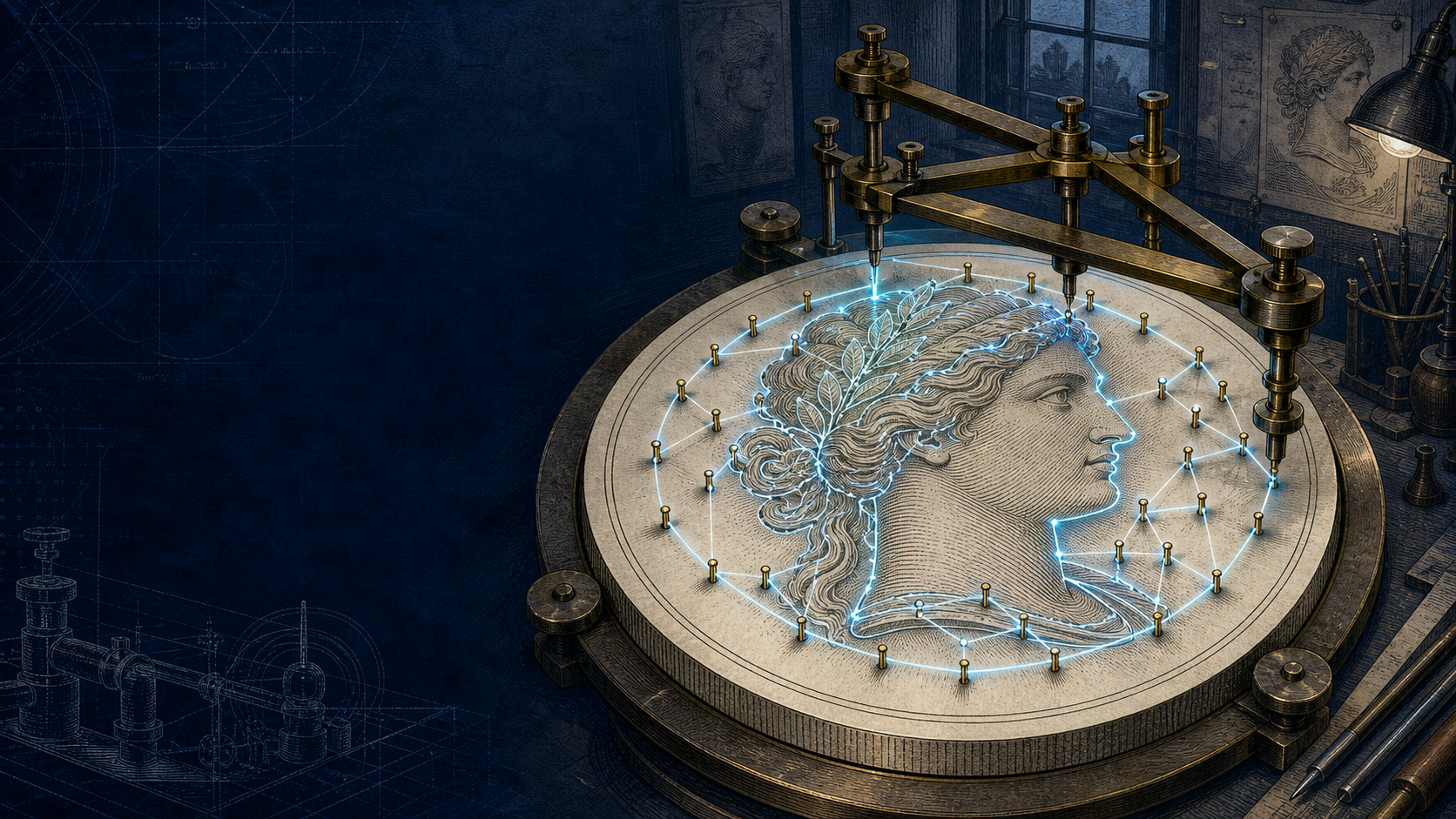Engraving pantograph tracing a glowing network across a master coin die